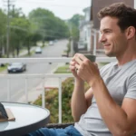 Man drinking coffee on apartment balcony in Douglasville, Georgia