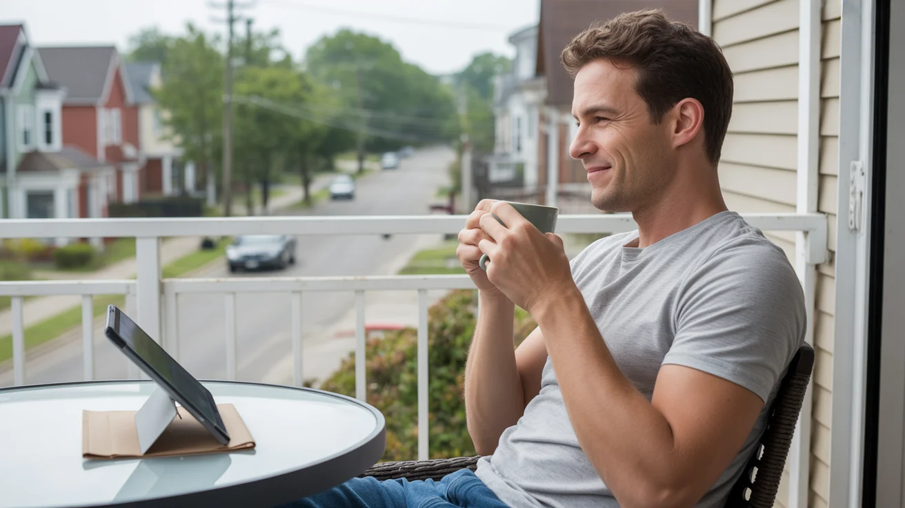 Man drinking coffee on apartment balcony in Douglasville, Georgia