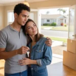 Couple standing in empty living room of new house in San Bernardino