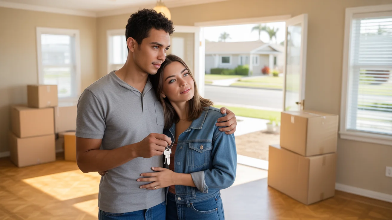 Couple standing in empty living room of new house in San Bernardino