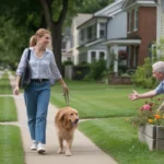 Woman walking her dog on a sidewalk in a friendly Durham neighborhood with well-kept homes