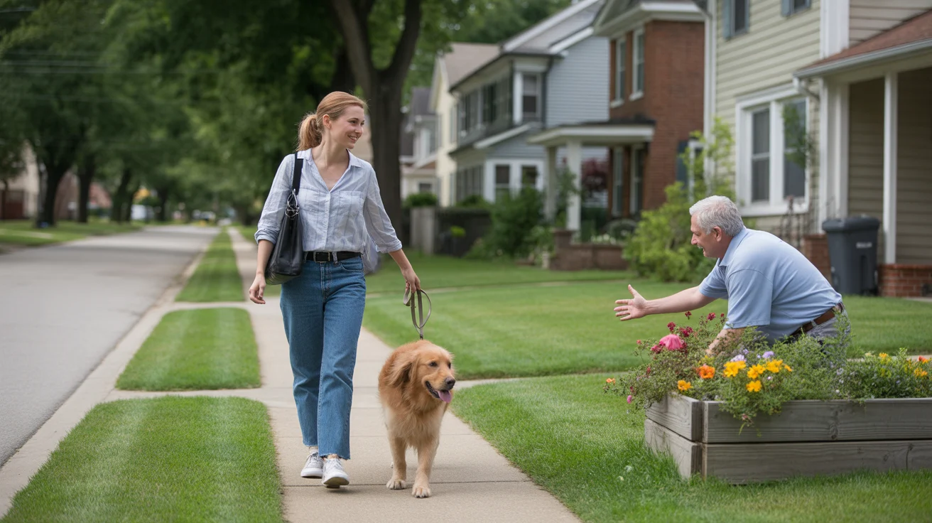 Woman walking her dog on a sidewalk in a friendly Durham neighborhood with well-kept homes