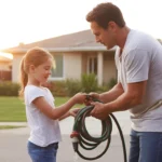 Father teaching daughter to coil garden hose in driveway of Sandy, Utah home