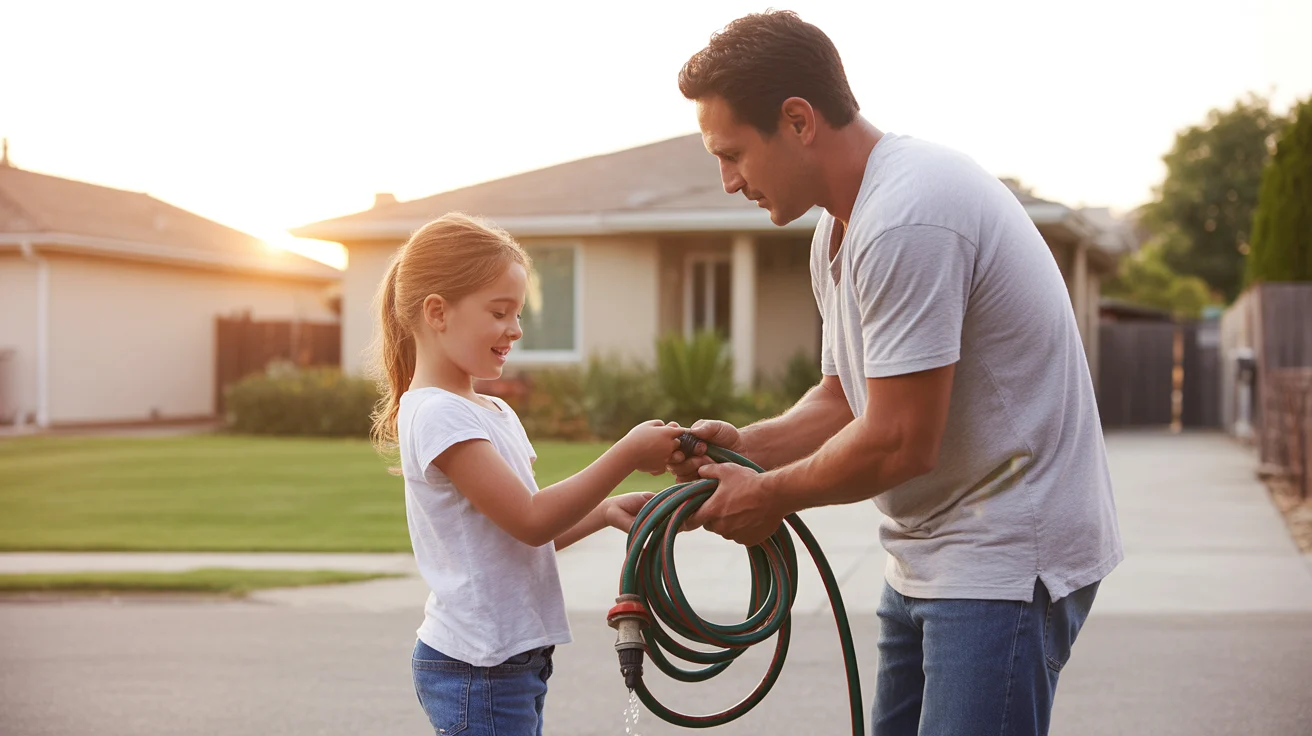 Father teaching daughter to coil garden hose in driveway of Sandy, Utah home