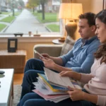 A couple in their Naperville living room deciding on streaming options while reviewing monthly bills