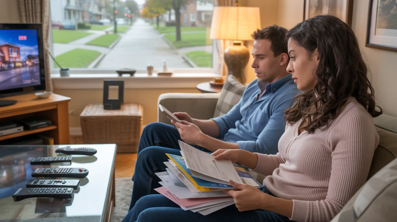 A couple in their Naperville living room deciding on streaming options while reviewing monthly bills