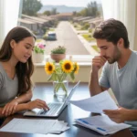 Young couple reviews monthly budget at kitchen table in Mckinney, Texas home