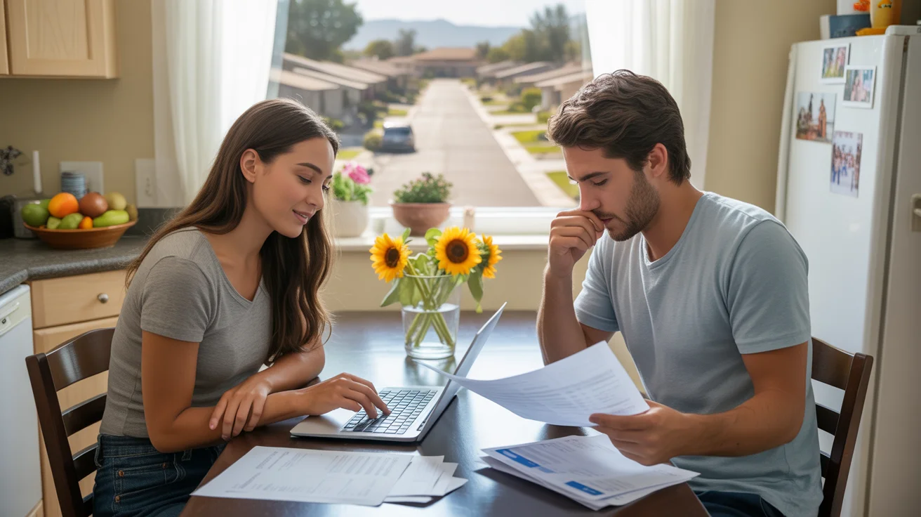 Young couple reviews monthly budget at kitchen table in Mckinney, Texas home