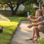 Father and daughter eating popsicles on front steps of Lakeland home on summer evening