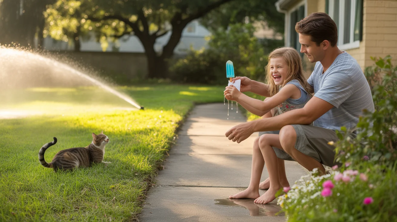 Father and daughter eating popsicles on front steps of Lakeland home on summer evening
