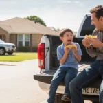 Father and son eating takeout tacos on tailgate of truck in driveway of Plano home at sunset