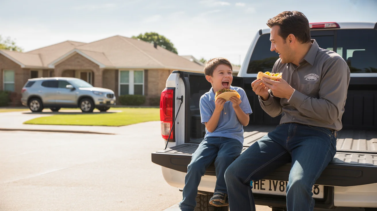 Father and son eating takeout tacos on tailgate of truck in driveway of Plano home at sunset