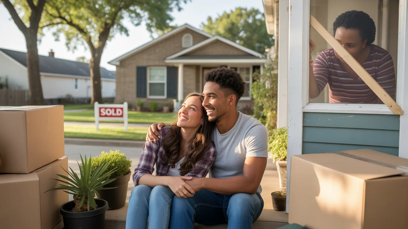 A couple sits on the front steps of their new home in Sugar Land, TX, surrounded by moving boxes and potted plants.