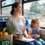 Woman and daughter riding RTD light rail train in Littleton