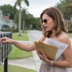 Woman checking mail and examining envelopes outside community mailboxes in Orlando neighborhood