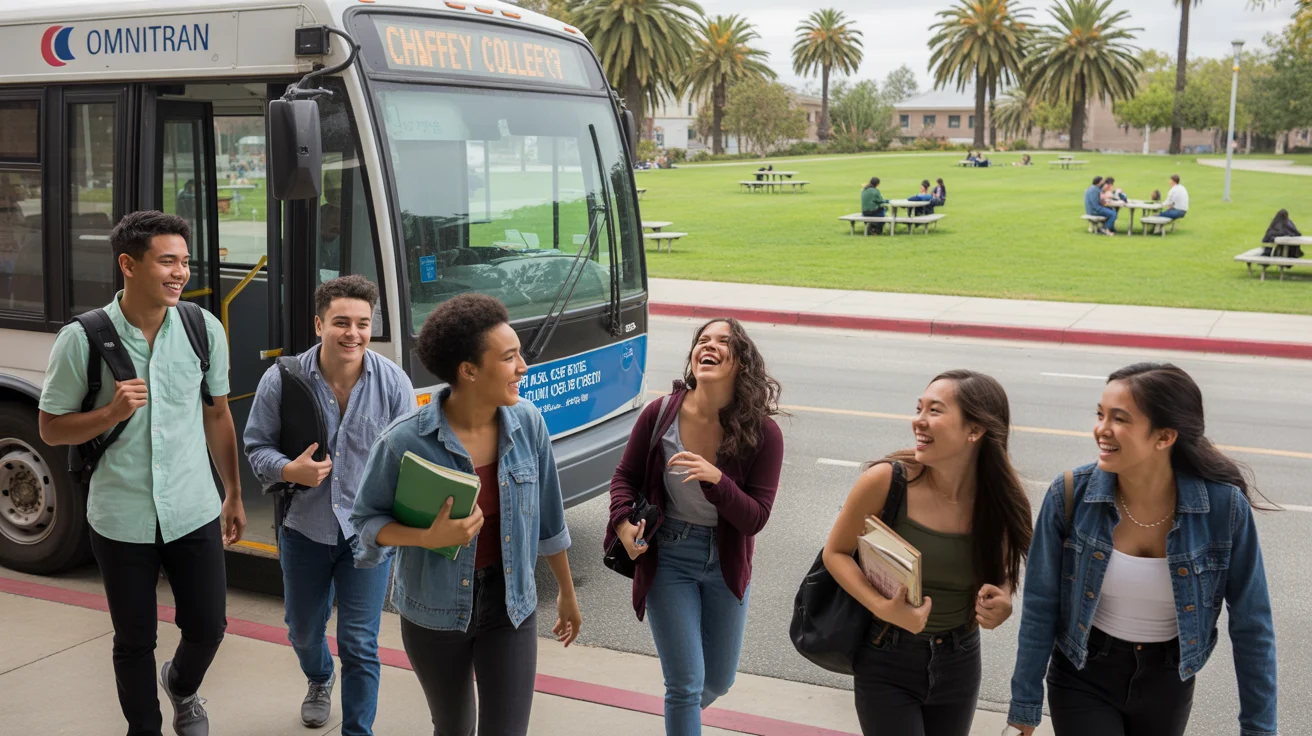 Students exiting an Omnitrans bus at Chaffey College in Ontario, CA