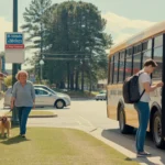 A woman walks her dog past a strip mall in Rock Hill, SC while a student boards a local bus