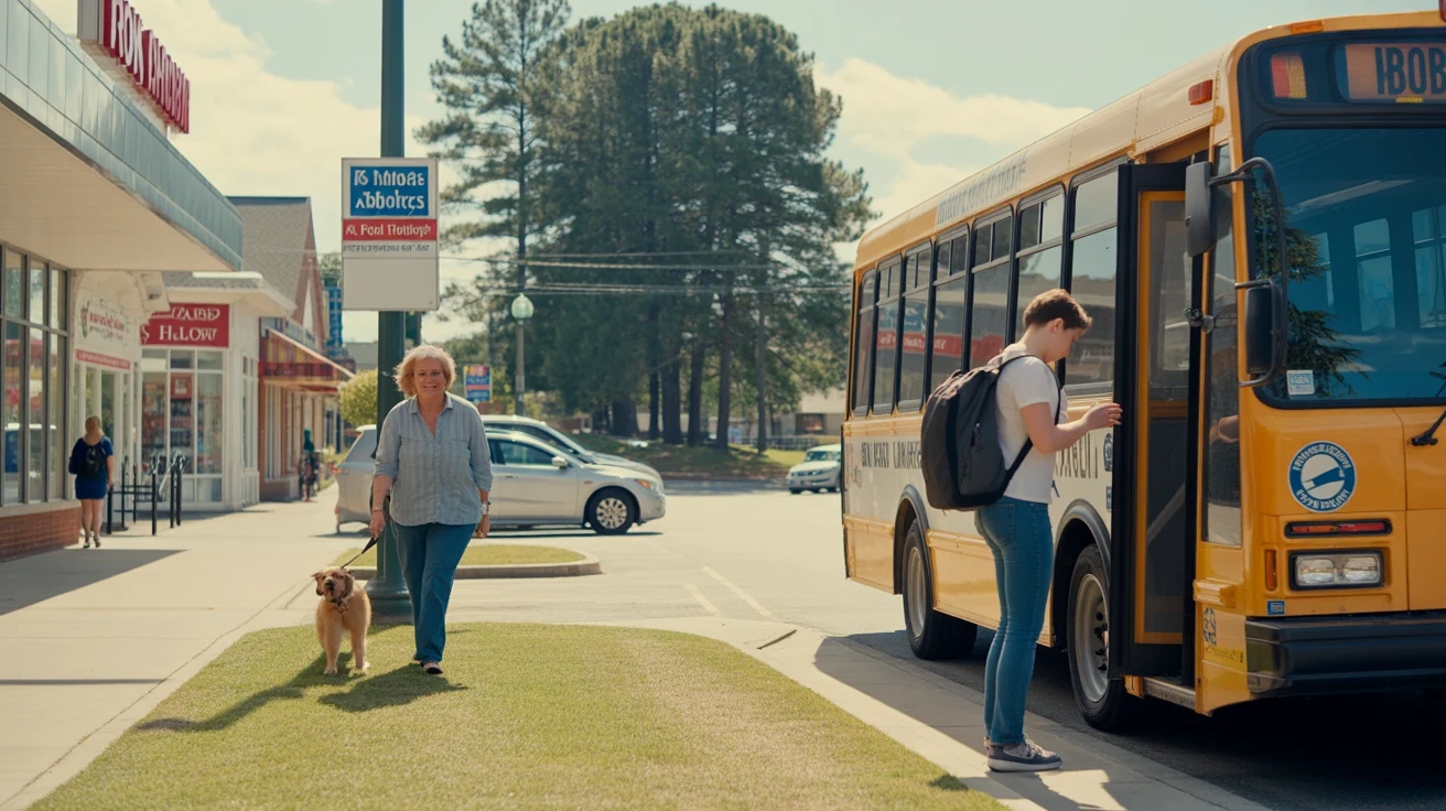 A woman walks her dog past a strip mall in Rock Hill, SC while a student boards a local bus