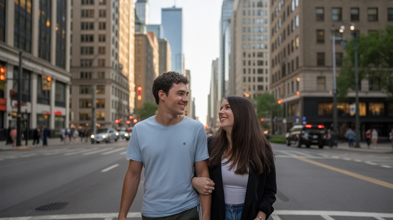 Couple explores Chicago streets at sunset, admiring city life and architecture