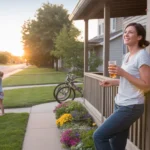 A woman watches her children play in the front yard of their Broomfield home at sunset.