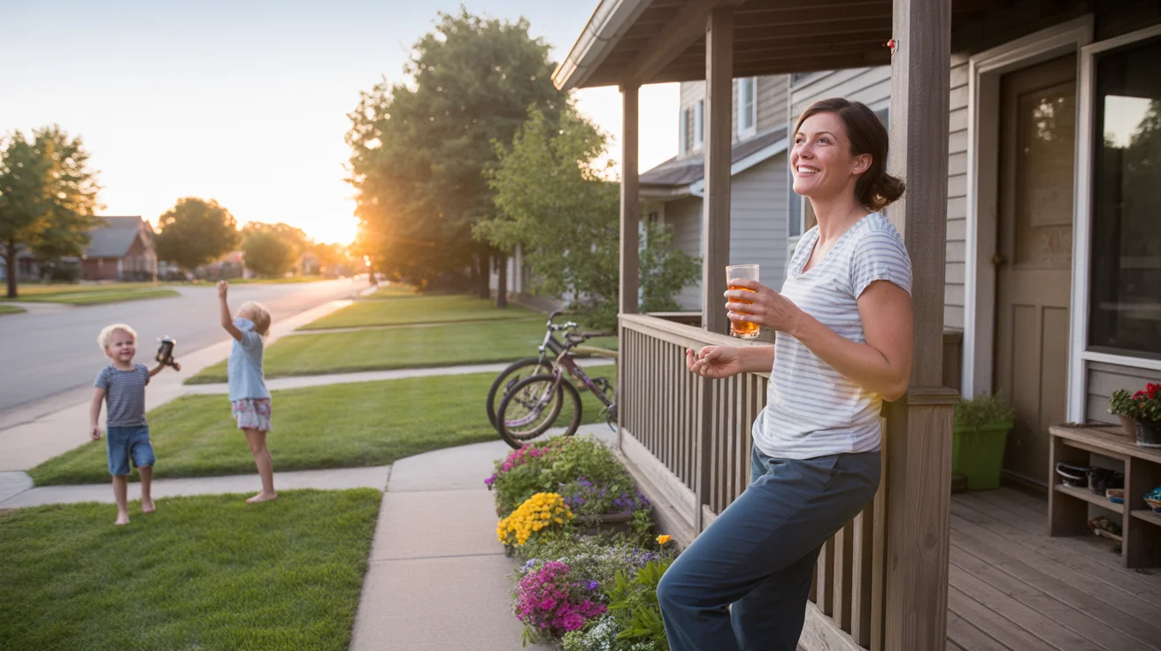 A woman watches her children play in the front yard of their Broomfield home at sunset.