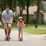 Father and two kids riding scooters on a cul-de-sac in Cary, NC