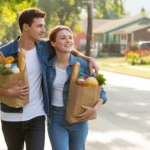 Couple carrying groceries walking down street in Lehi Utah neighborhood at sunset