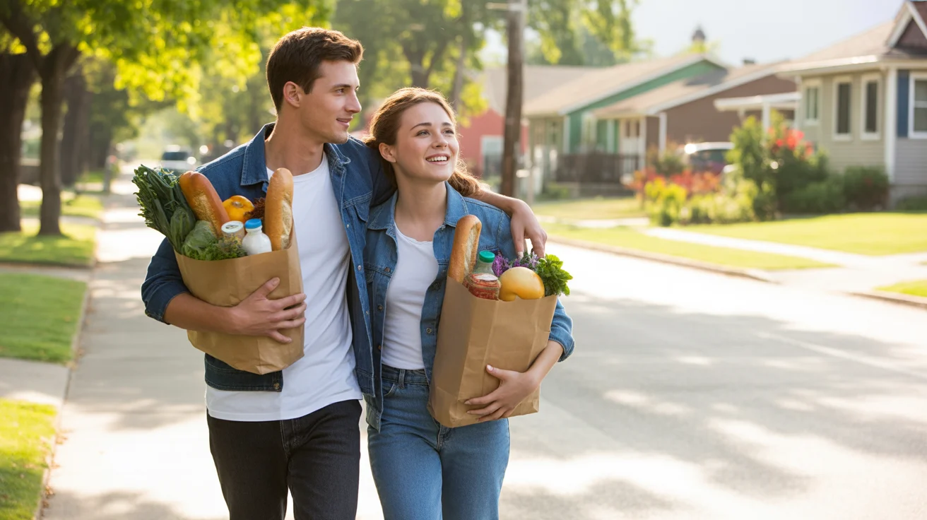 Couple carrying groceries walking down street in Lehi Utah neighborhood at sunset