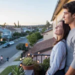 Couple on apartment balcony looking at Pasadena neighborhood homes at sunset