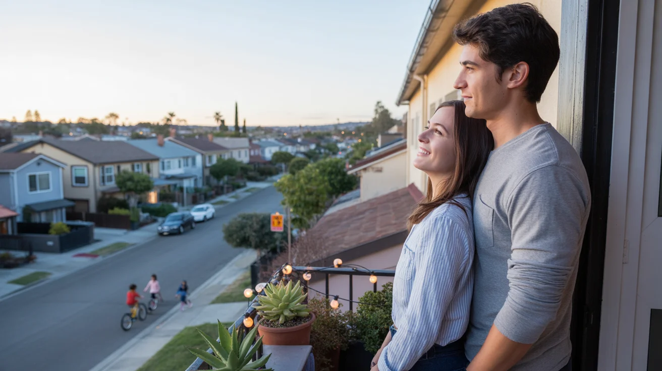 Couple on apartment balcony looking at Pasadena neighborhood homes at sunset
