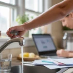 Hands turning off kitchen faucet next to glass of water