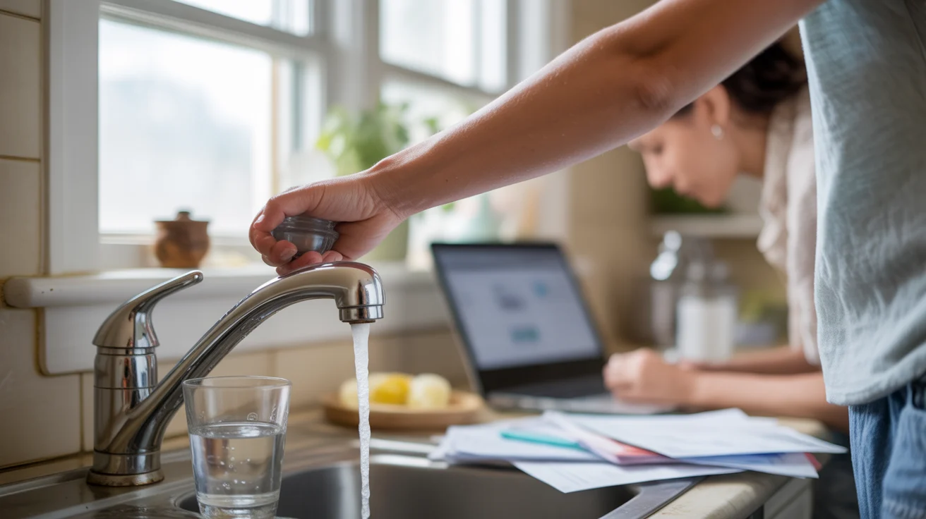 Hands turning off kitchen faucet next to glass of water