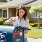 Woman mailing utility payment outside suburban home in Monroe, North Carolina