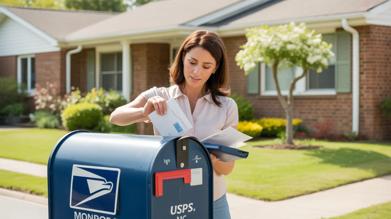 Woman mailing utility payment outside suburban home in Monroe, North Carolina