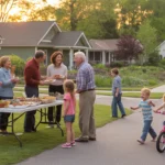 Neighbors of all ages gather for a potluck block party on a tree-lined street in Stonecrest, GA.
