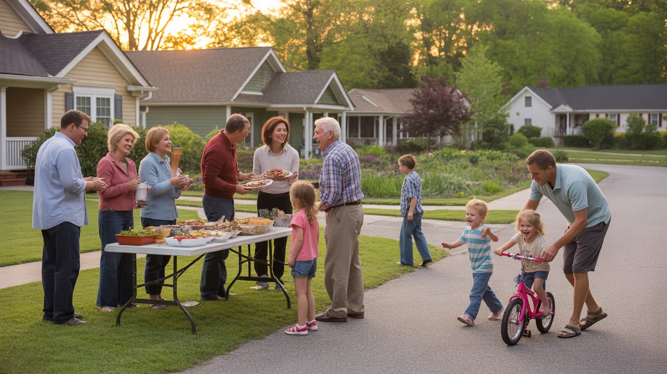 Neighbors of all ages gather for a potluck block party on a tree-lined street in Stonecrest, GA.