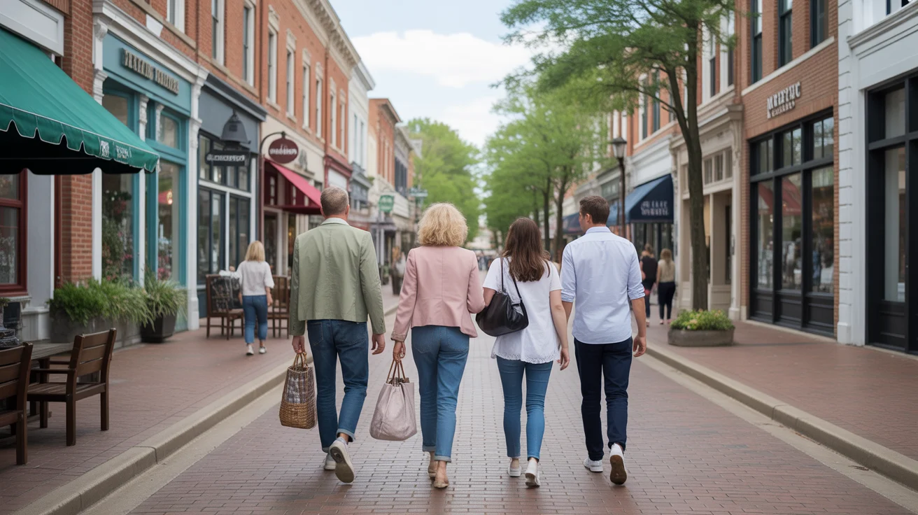 Shoppers walking along a vibrant downtown street in Naperville, Illinois