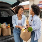 Two women loading groceries into car outside Joliet supermarket