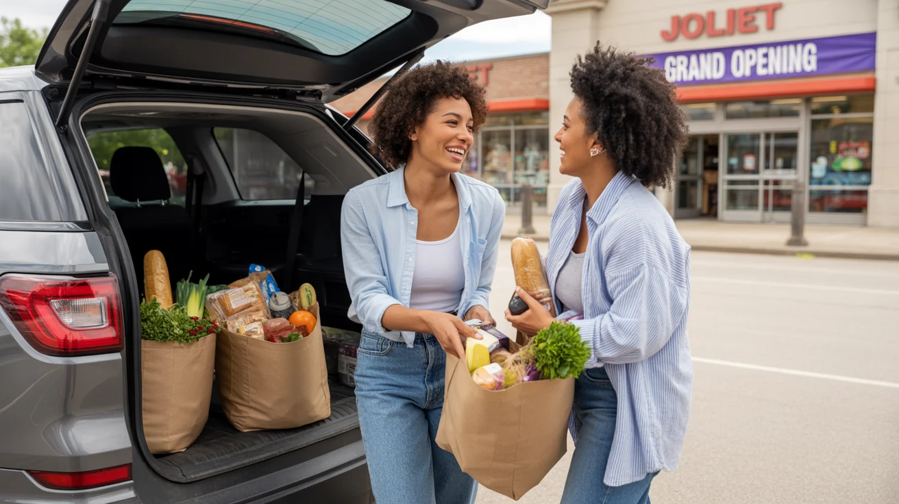 Two women loading groceries into car outside Joliet supermarket
