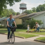 A cyclist riding past single-family homes on a residential street in Monroe, North Carolina