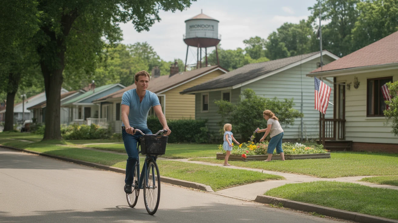A cyclist riding past single-family homes on a residential street in Monroe, North Carolina