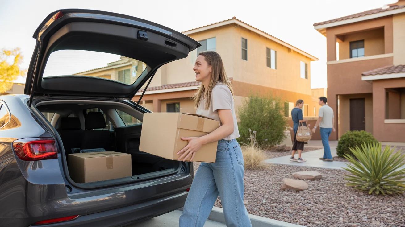Woman unloading moving boxes from car in front of condo building in Spring Valley, Nevada