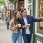 A couple admires the window display of a local shop while walking down a sunny street in Lehi, Utah.