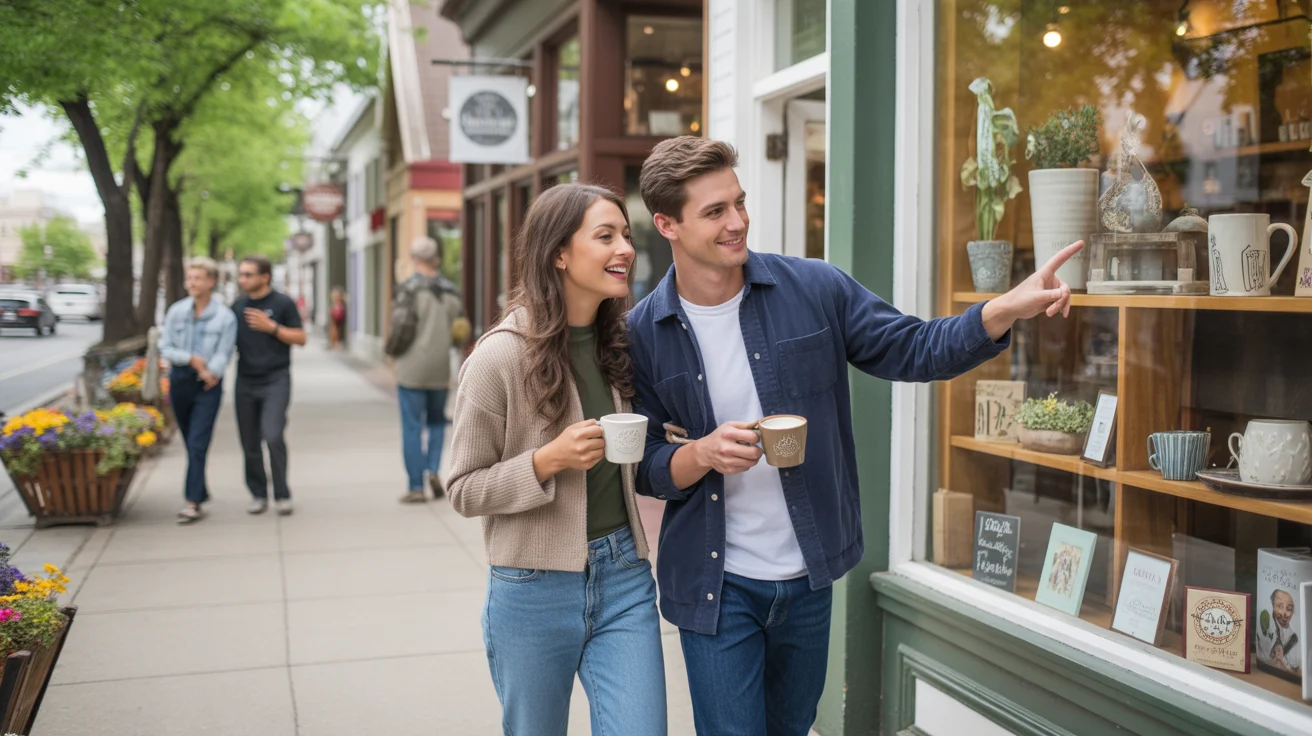 A couple admires the window display of a local shop while walking down a sunny street in Lehi, Utah.