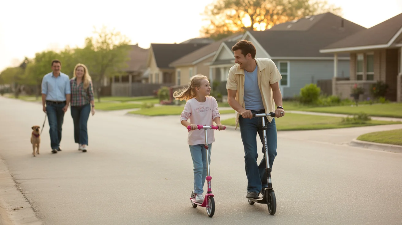 Father and daughter riding scooters together on a residential street in Pearland, TX at sunset