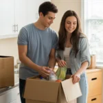 Couple unpacking groceries in their new Spring Valley apartment kitchen