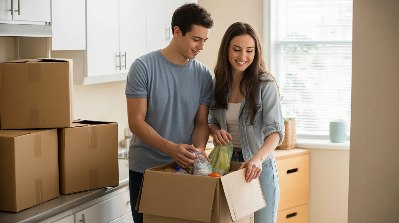 Couple unpacking groceries in their new Spring Valley apartment kitchen