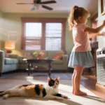 Girl adjusting thermostat while cat sleeps by AC vent in living room