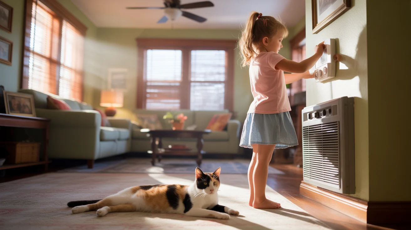 Girl adjusting thermostat while cat sleeps by AC vent in living room