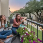 Two young women roommates relaxing on their apartment balcony in Katy, TX at sunset